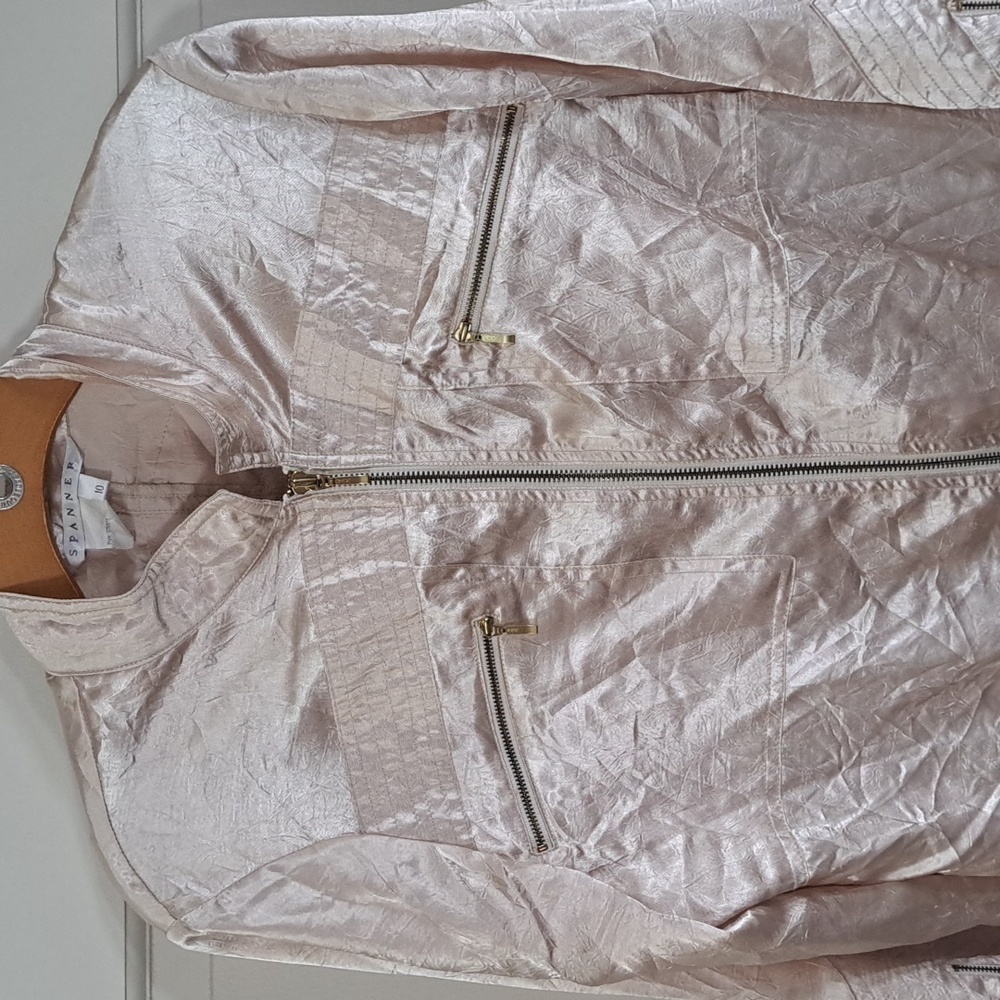 Spanner Stylish Cream Lightweight Sheen Zip Up Bomber Jacket with Pockets Shiny - Picture 2 of 11